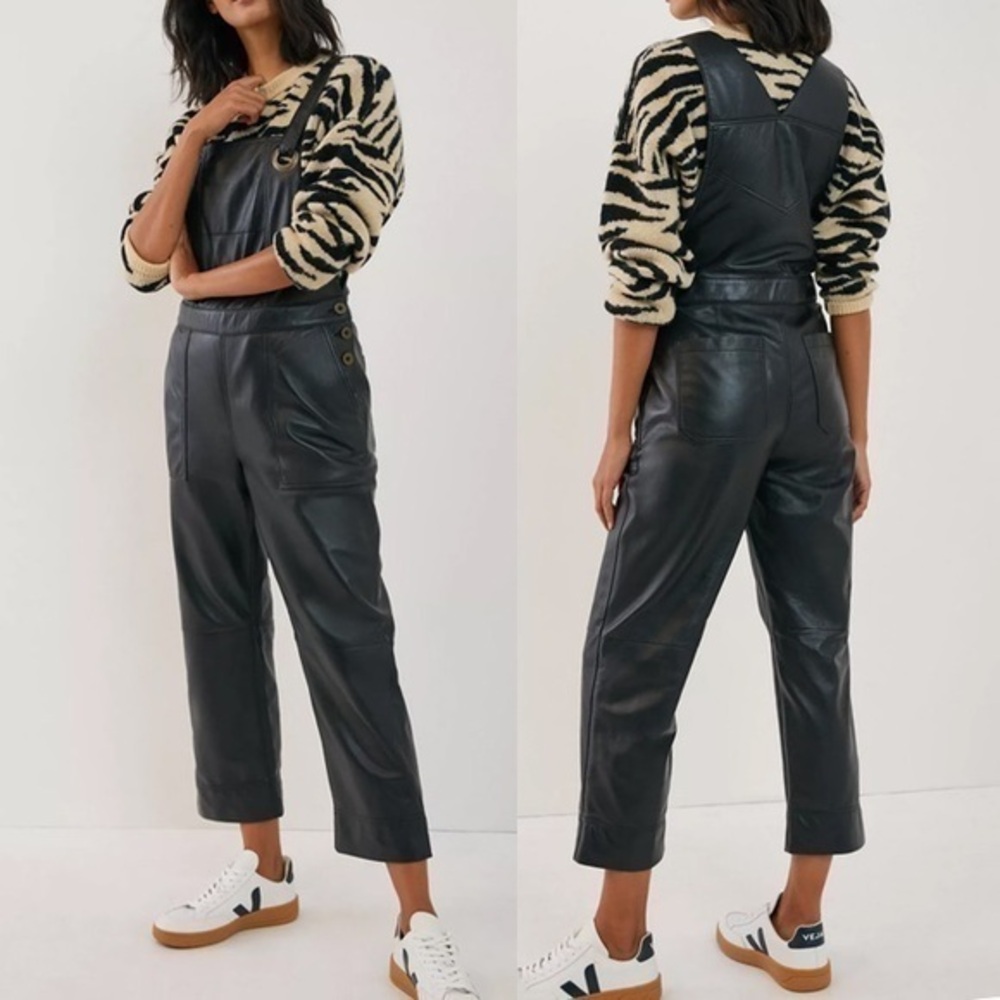 Anthropologie Calista Real Leather Black Cropped Jumpsuit XS (2)